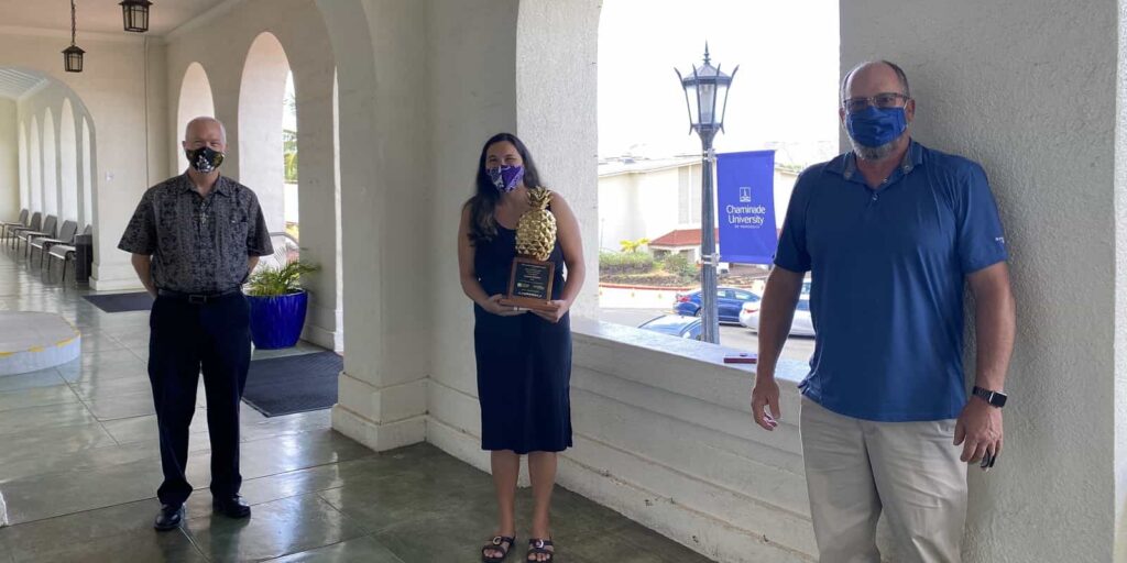 Bro. Edward Brink (VP for Mission and Rector) , Laurel Oshiro (2020 Hawaii Catholic Schools Teacher of the Year awardee) and Dr. Dale Fryxell (Dean, School of Education and Behavioral Sciences)
