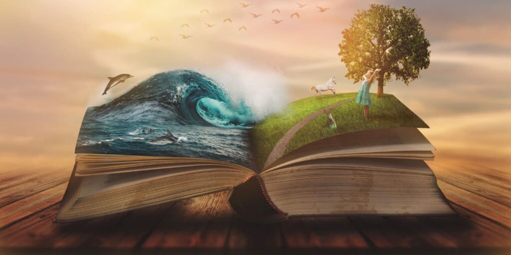Concept of an open magic book; open pages with water and land and small child. Fantasy, nature or learning concept, with copy space (Concept of an open magic book; open pages with water and land and small child. Fantasy, nature or learning concept