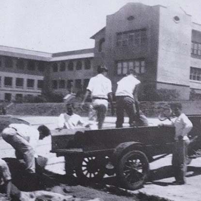 historic photo of construction workers at Chaminade University