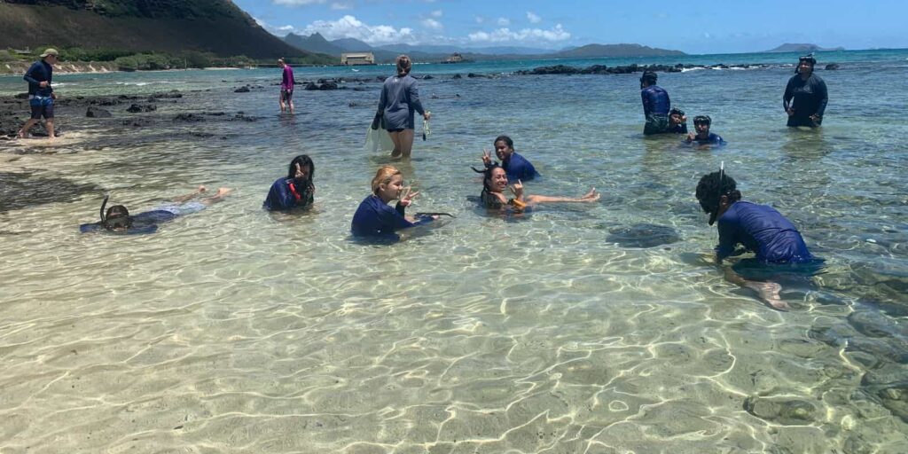 Kaimuki and McKinley students at the beach during their Marine Science summer institute program