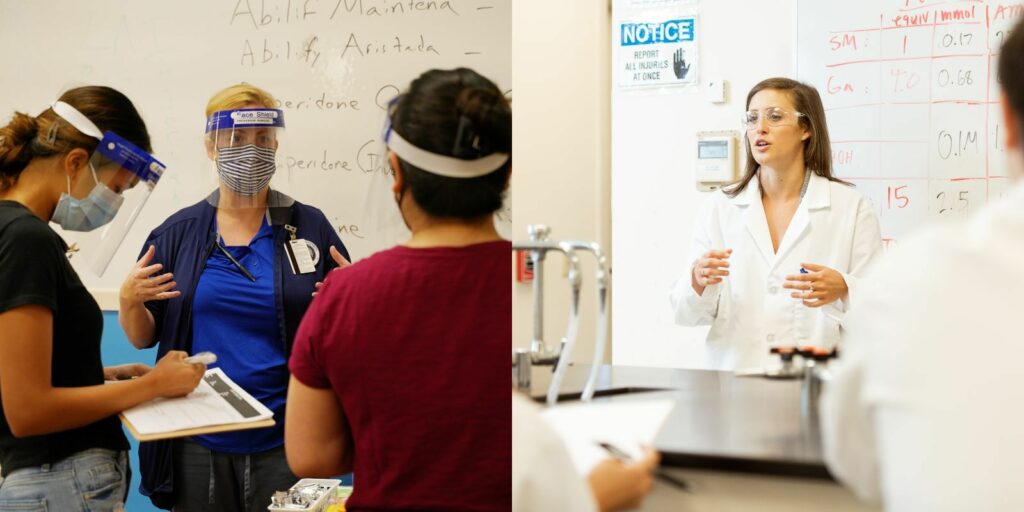 Dr. Lorin Ramocki talking to Nursing students during a simulation and Dr. Kate Perrault teaching her Forensic Science students
