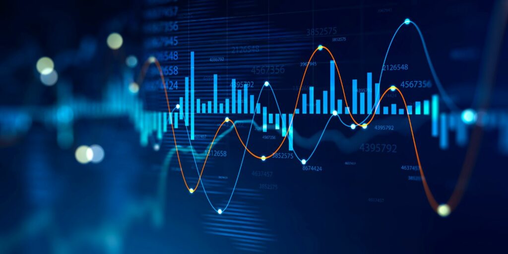 Futuristic HUD digital graph interface over blurry dark blue background. Concept of stock market and trading. 3d rendering double exposure