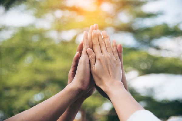 Teamwork high five as team together hands air greeting power tag team