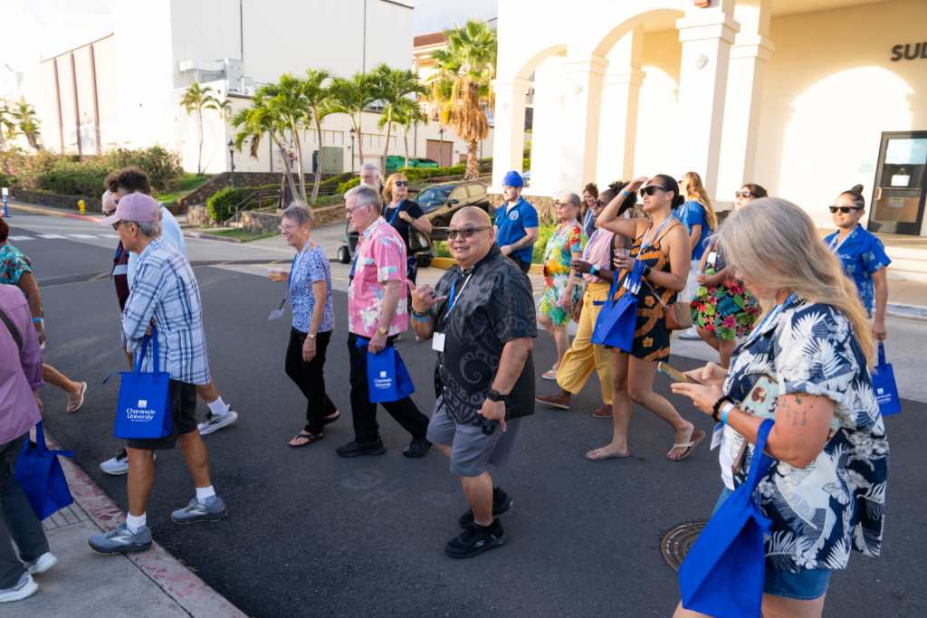 Guests enjoying a campus tour to kick off the 2025 Silversword Reunion weekend.